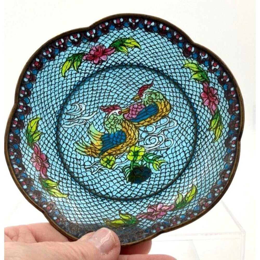 Vintage Chinese Bowl Transparent Enamel Bird Dish Copper Tone 5"